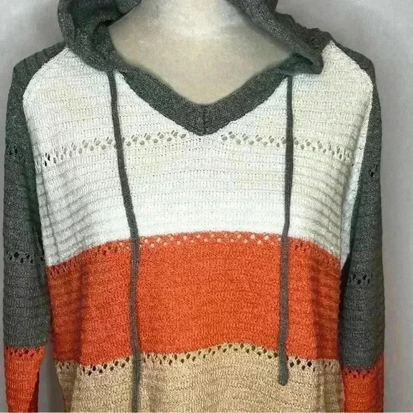 Crocheted Hooded Pullover Sweater Women Med/large Stripe Long Sleeve Cozy Casual - Picture 2 of 10